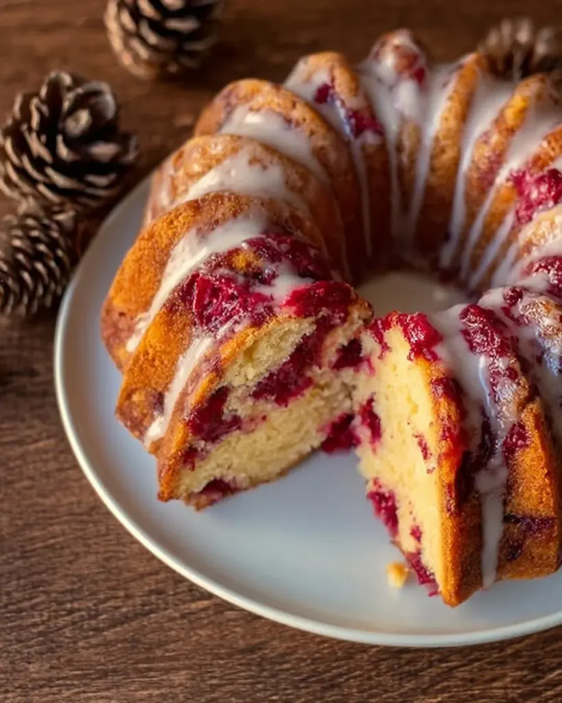 Freshly baked Cranberry Orange Bundt Cake on a wooden table, garnished with citrus slices.