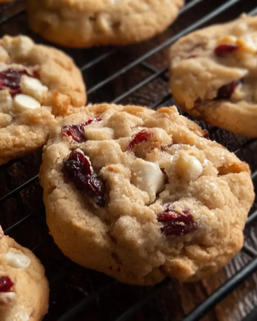 Plate of freshly baked Cranberry White Chocolate Chip Cookies with cranberries and chocolate chips.