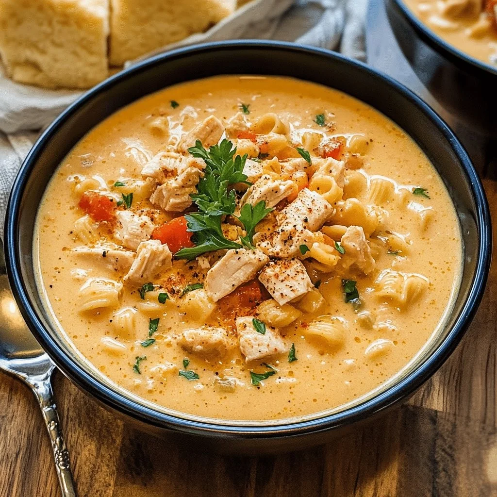 Bowl of creamy Cajun chicken pasta soup garnished with herbs and spices
