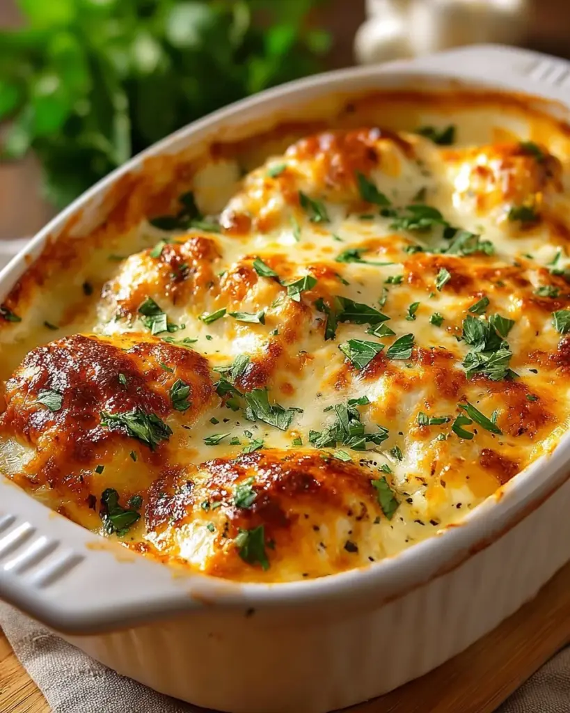 Creamy cheesy chicken with potatoes served in a bowl