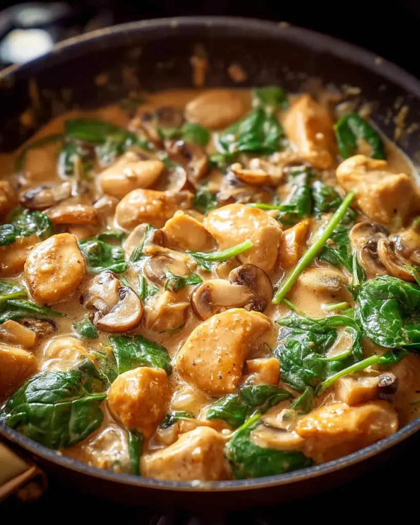 Creamy Chicken Mushroom Spinach Skillet in a cast iron pan
