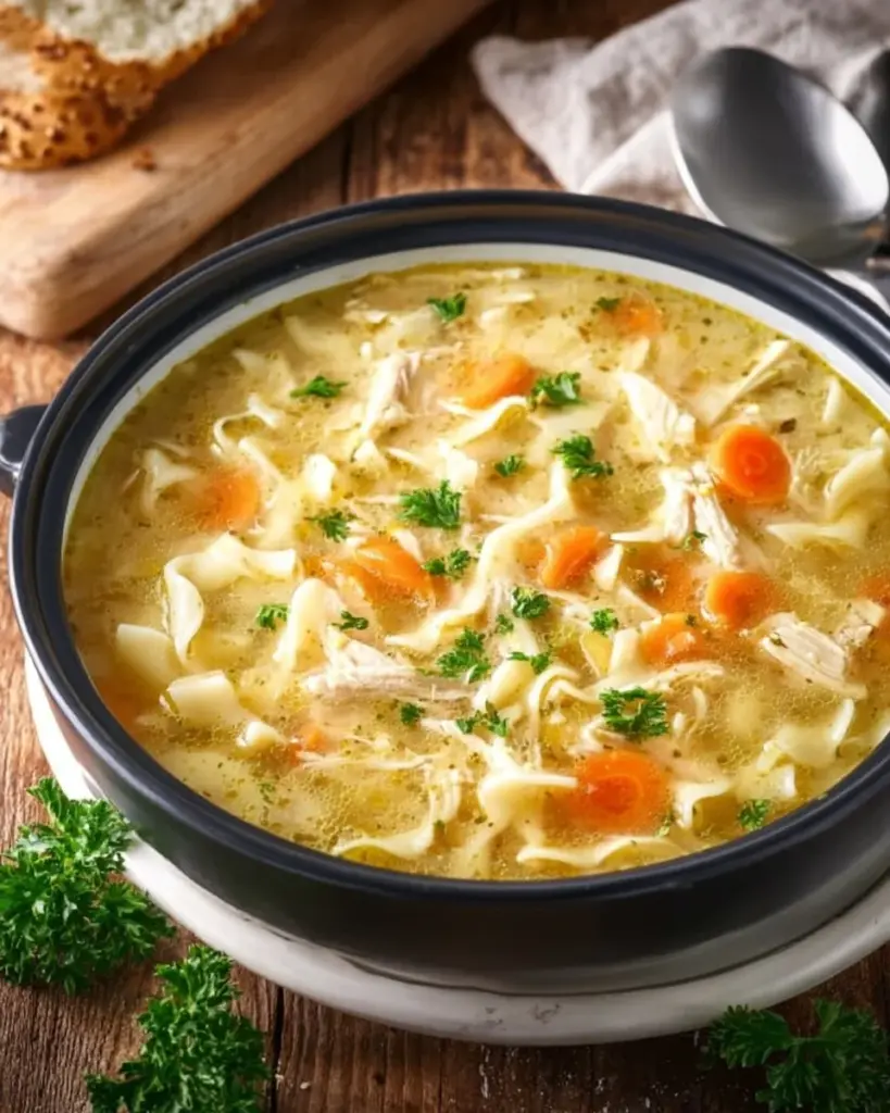 Bowl of creamy chicken noodle soup garnished with herbs and vegetables