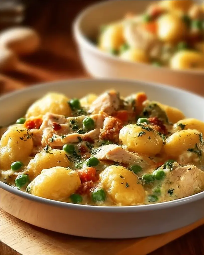 Creamy Chicken Pot Pie with Gnocchi served in a baking dish
