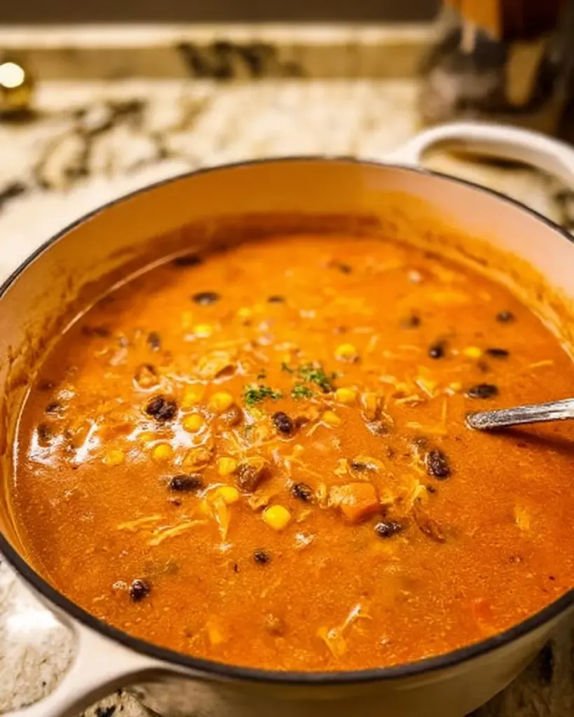 Creamy chicken tortilla soup with tortillas and fresh toppings