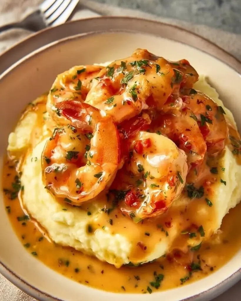 Creamy garlic shrimp dish served on a bed of mashed potatoes, garnished and ready to enjoy.