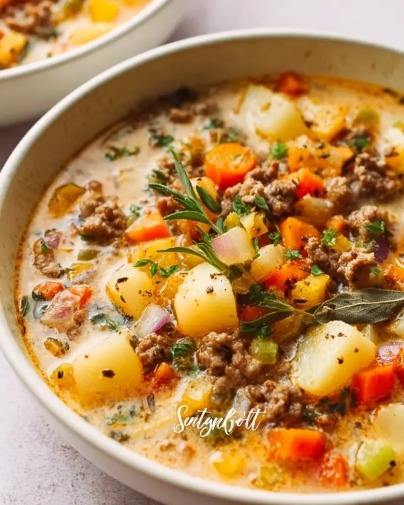 Creamy hamburger potato soup served in a bowl with herbs on top