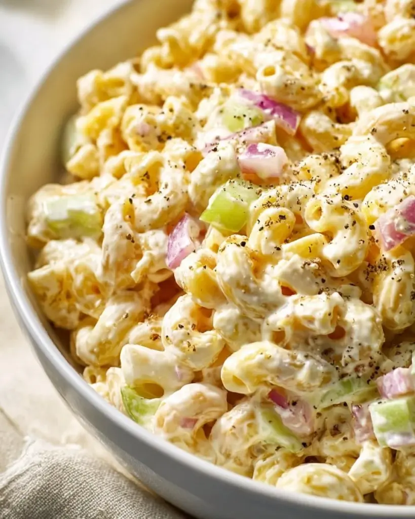 Creamy macaroni salad served in a bowl with fresh herbs