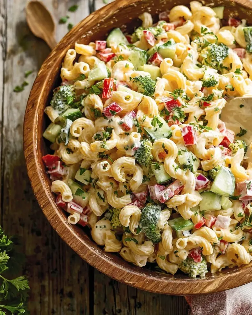 Creamy pasta salad with fresh vegetables and a rich dressing