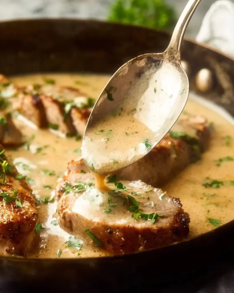 Creamy pork tenderloin with herbs and spices served on a plate