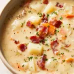 Creamy potato soup garnished with crispy bacon and fresh herbs