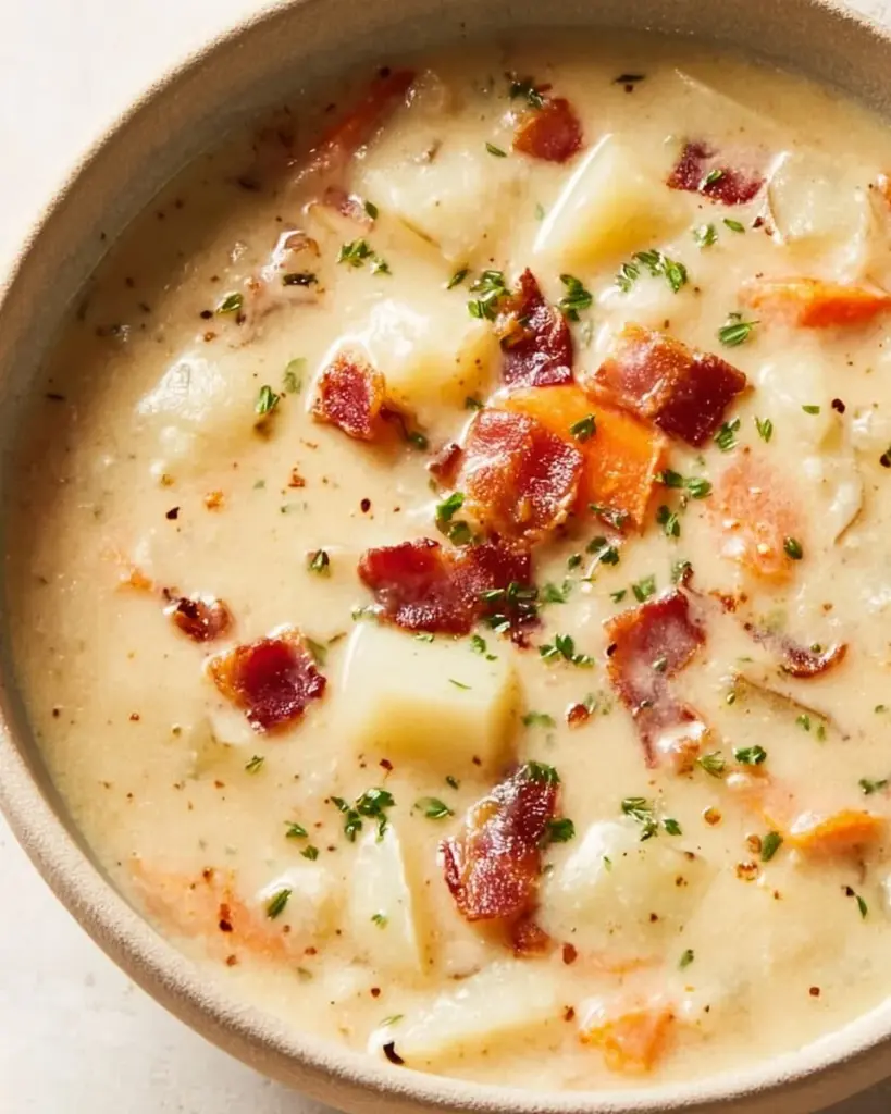 Creamy potato soup garnished with crispy bacon and fresh herbs