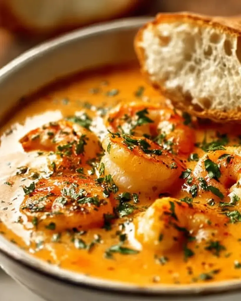 A bowl of creamy seafood bisque garnished with fresh herbs and seafood.
