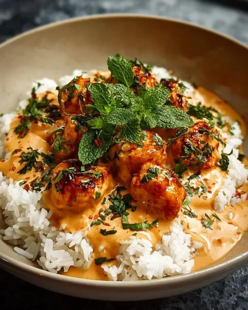 Creamy smothered chicken served over rice in a comforting dish.