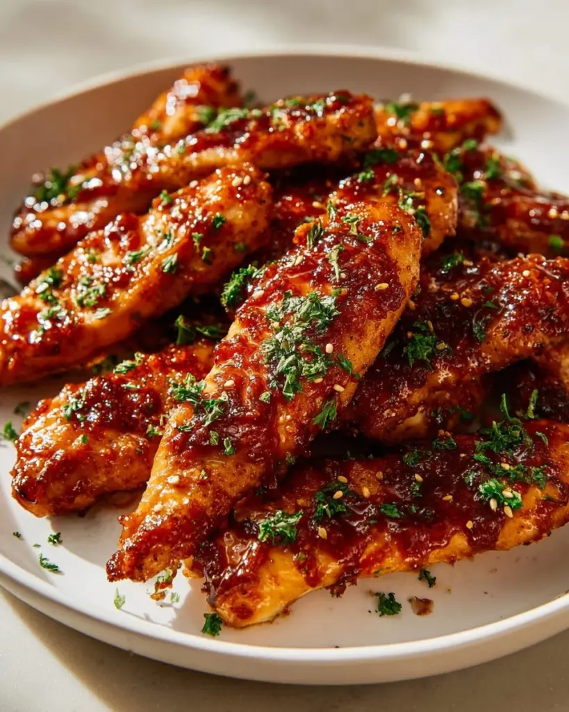 Crispy Air Fryer honey BBQ chicken tenders served on a plate