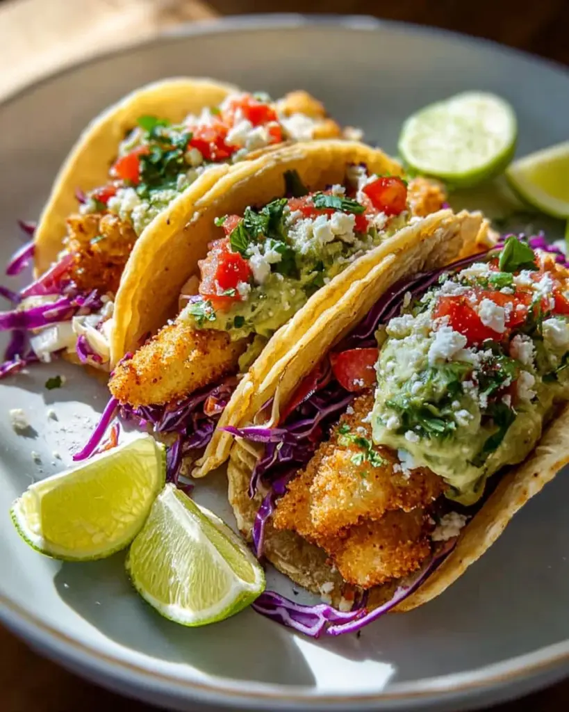 Crispy Baja fish tacos topped with creamy avocado sauce and fresh garnishes