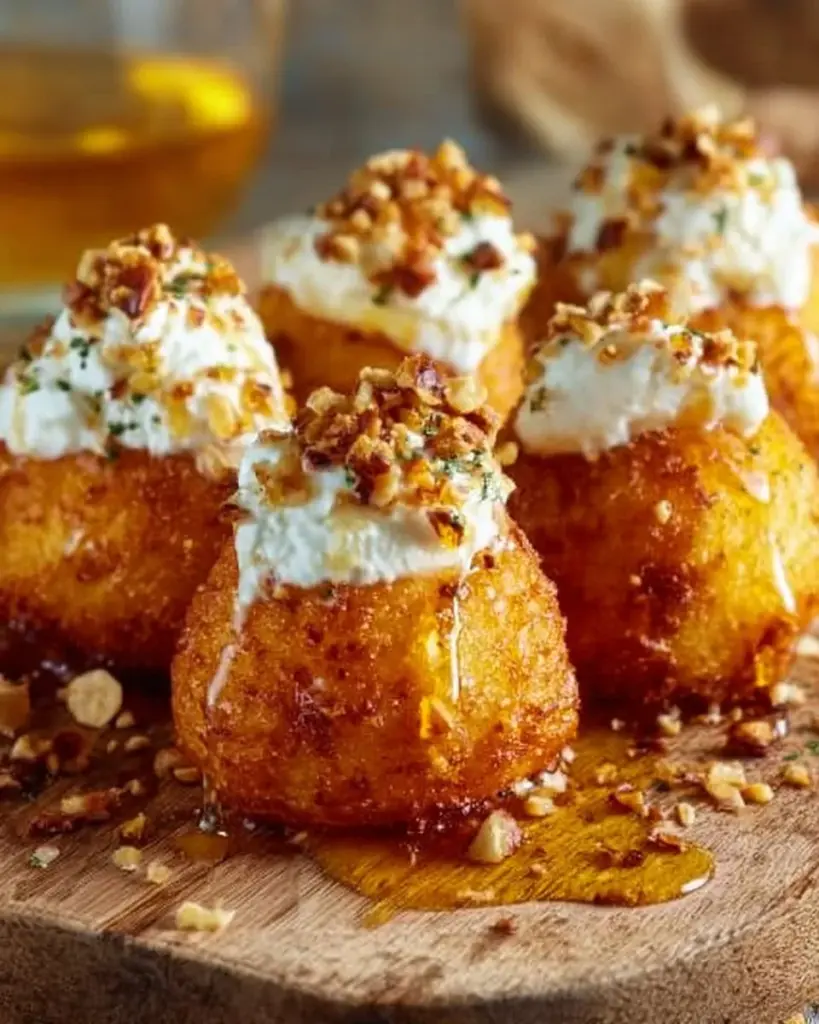 Crispy butternut squash bites with spicy-sweet honey feta sauce served on a plate.