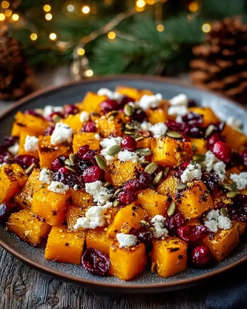 Crispy honey-roasted butternut salad topped with cranberries, feta cheese, and pumpkin seeds.