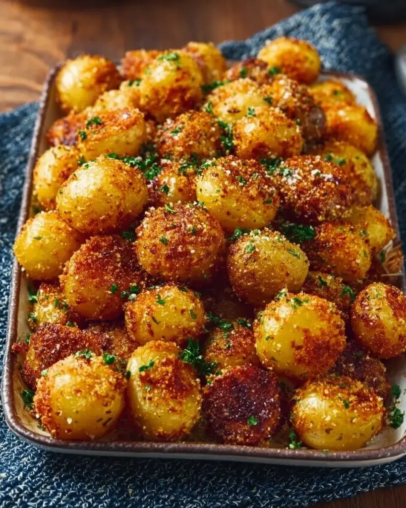 Crispy parmesan crusted baby potatoes garnished with herbs