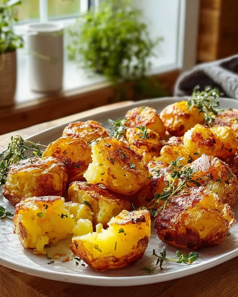 Crispy smashed potatoes topped with herbs and seasoning