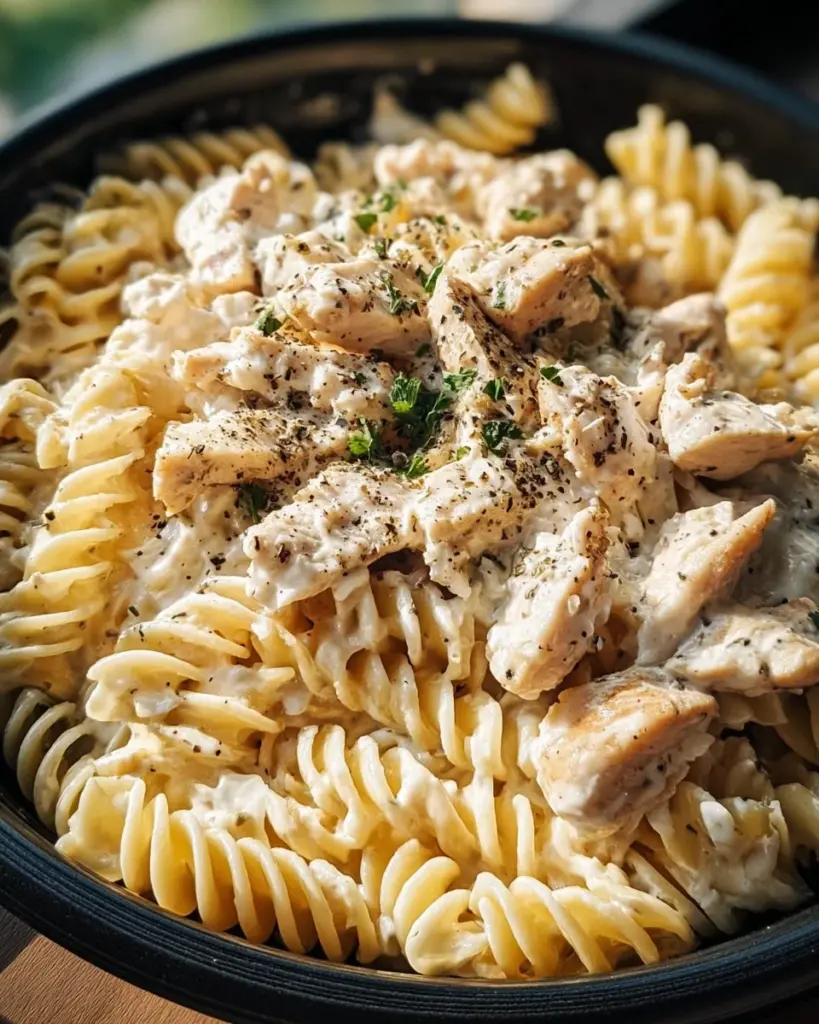 Bowl of Crockpot Garlic Parmesan Chicken Pasta with herbs and cheese.