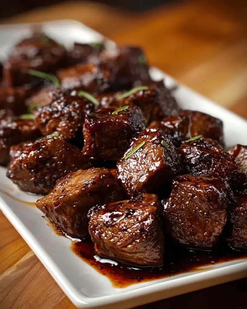 Crockpot steak bites served with herbs on a rustic wooden table.