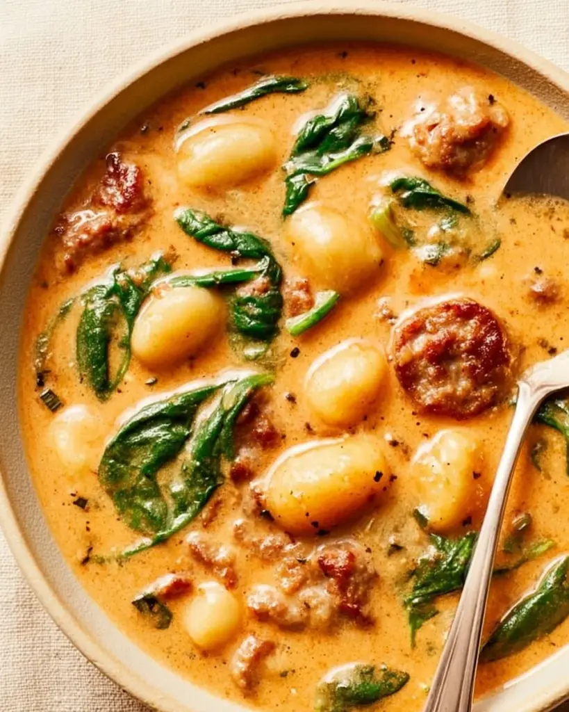 Bowl of Crumble Italian Sausage Gnocchi Soup garnished with herbs