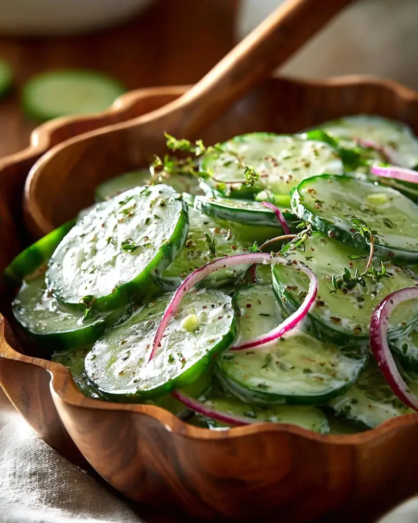 Fresh cucumber salad with dressings and herbs