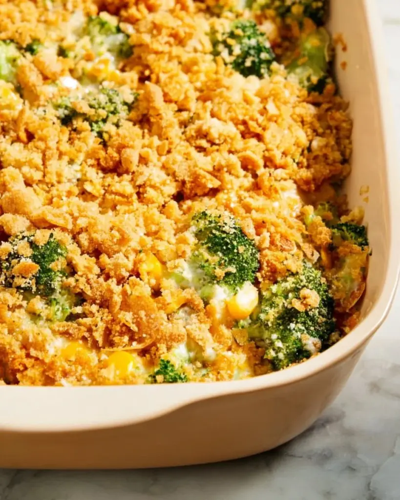 Easy broccoli casserole dish topped with cheese and breadcrumbs