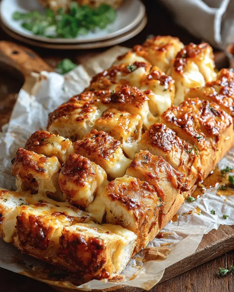 Delicious homemade easy cheesy bread with gooey cheese topping