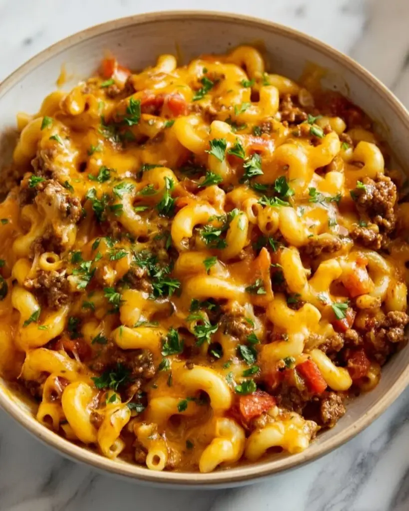 Bowl of easy chili mac topped with cheese and herbs.
