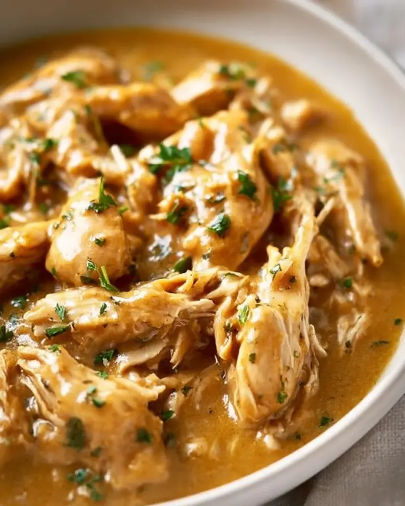 Delicious Crockpot Chicken simmering in rich gravy