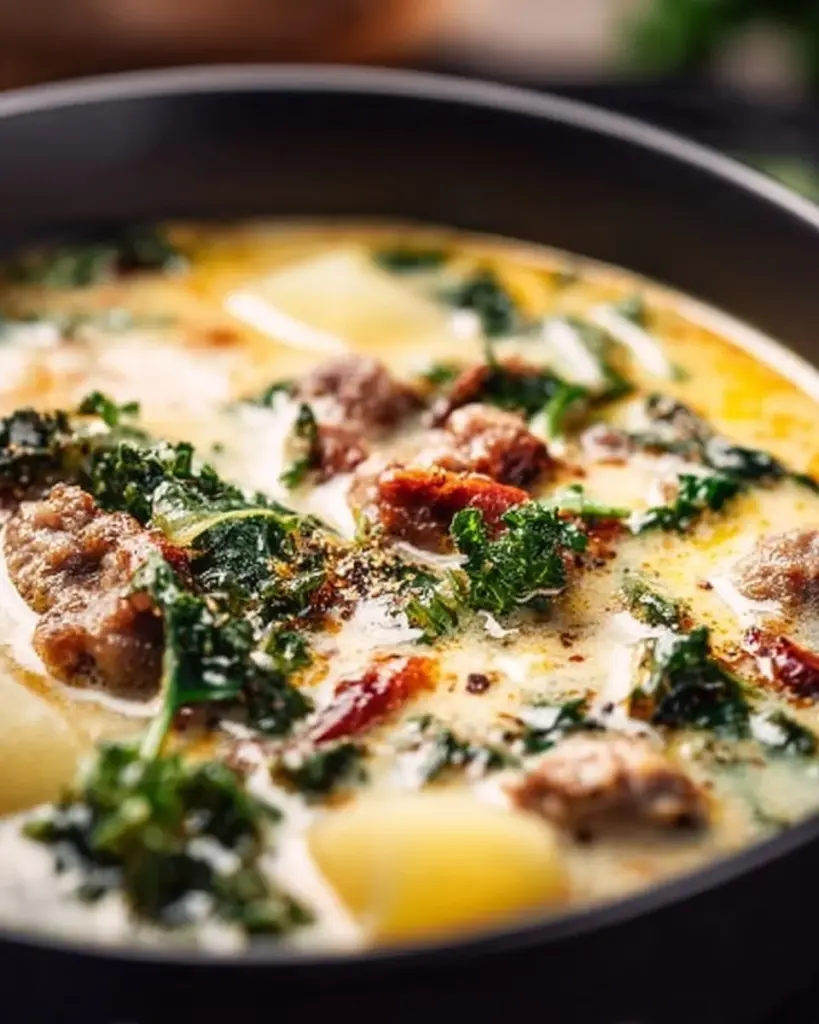 Bowl of Easy Olive Garden Zuppa Toscana Soup garnished with fresh herbs