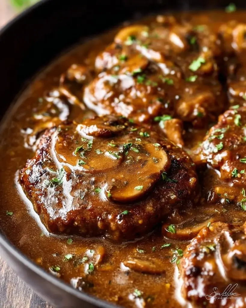 Plate of easy Salisbury steak with mushroom gravy and mashed potatoes