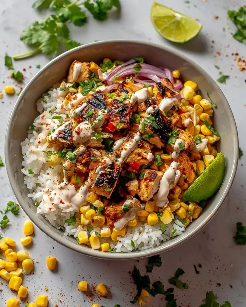 Easy Street Corn Chicken Rice Bowl featuring corn, chicken, and rice in a vibrant dish.
