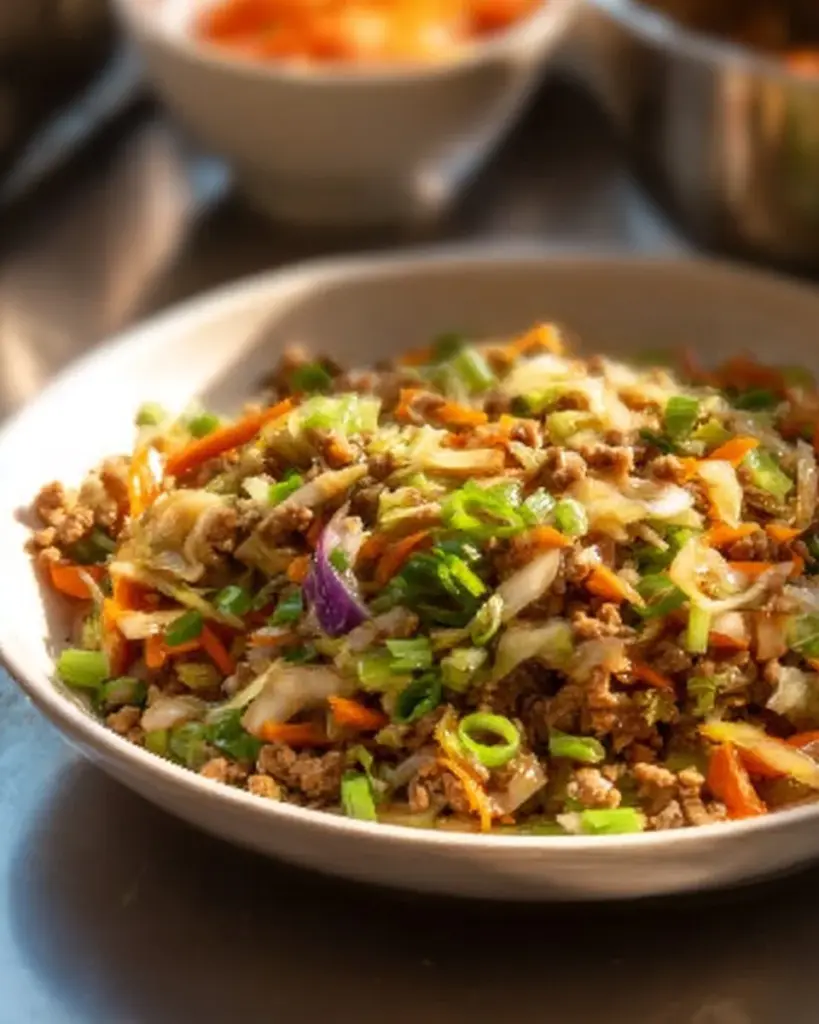 Delicious egg roll in a bowl with fresh vegetables and savory meat.