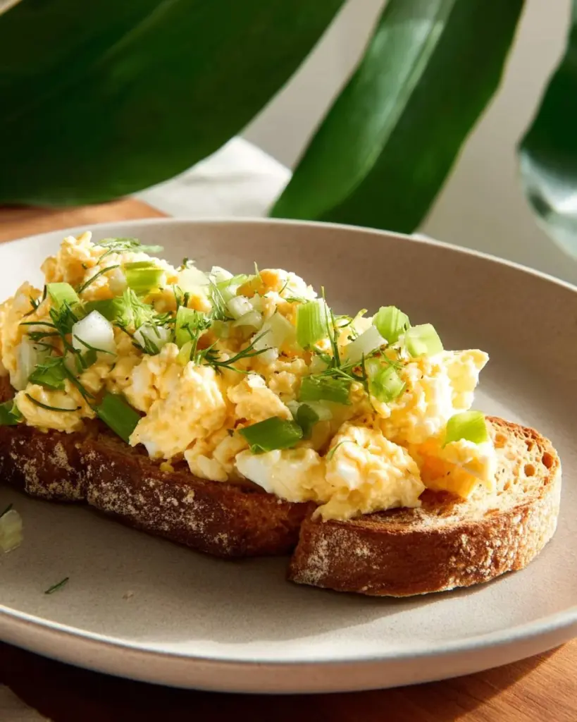 Creamy egg salad with cottage cheese served in a bowl, garnished with herbs.