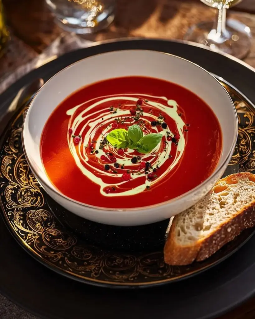 Bowl of elegant smoked tomato soup garnished with herbs