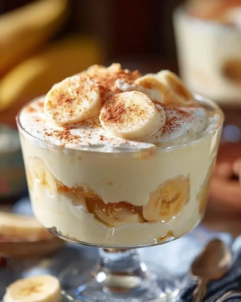 Elegant serving of elevated banana pudding with layers of whipped cream and vanilla wafers