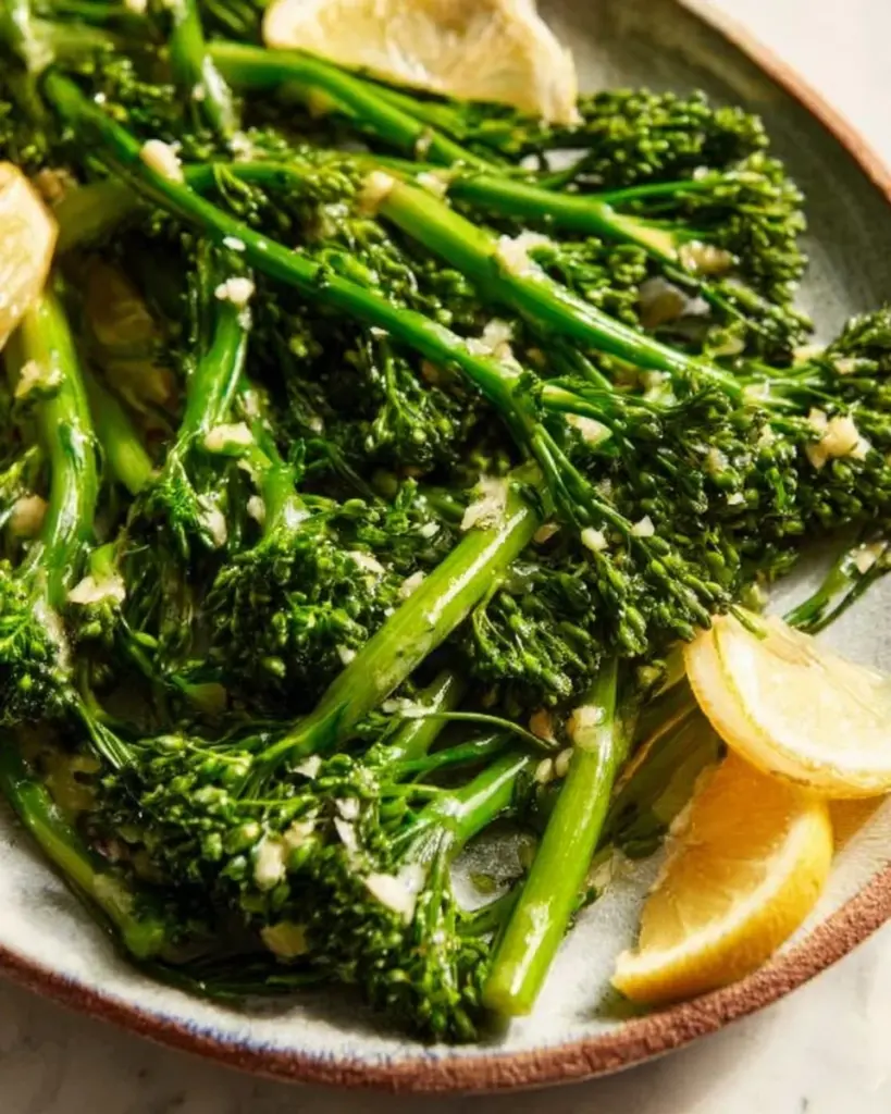 Plate of Garlic Butter Broccolini garnished with herbs