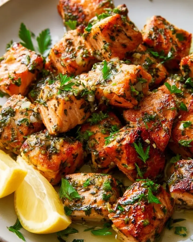 Delicious garlic butter salmon bites served on a plate