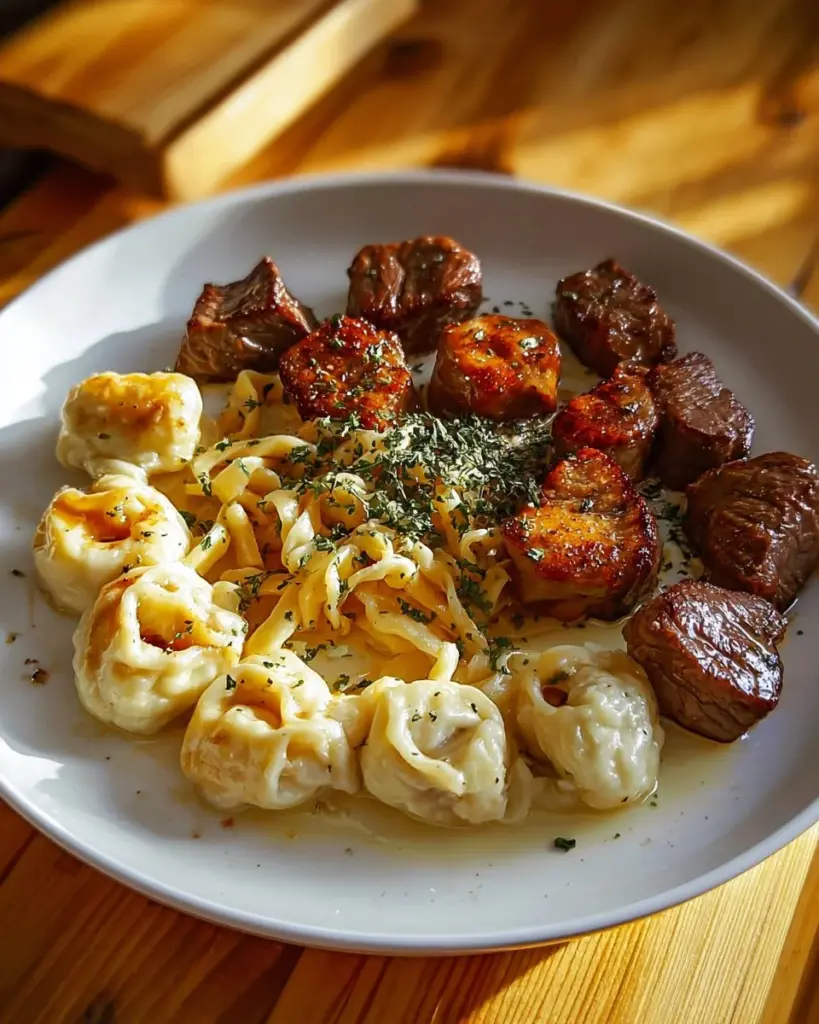 Delicious garlic butter steak bites served with alfredo tortellini