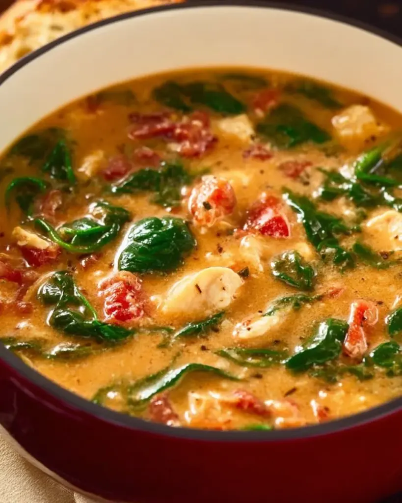 Bowl of Marry Me Tuscan Chicken Soup with tender chicken, fresh vegetables, and herbs