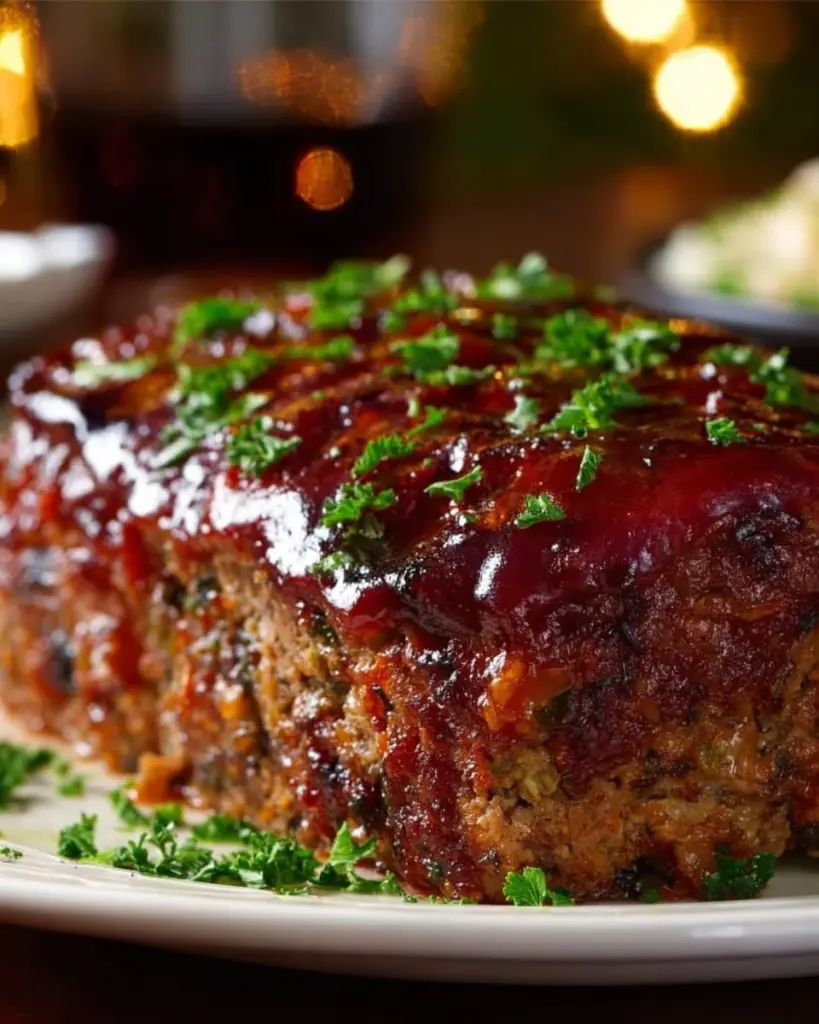 Delicious glazed meatloaf served with a side of vegetables
