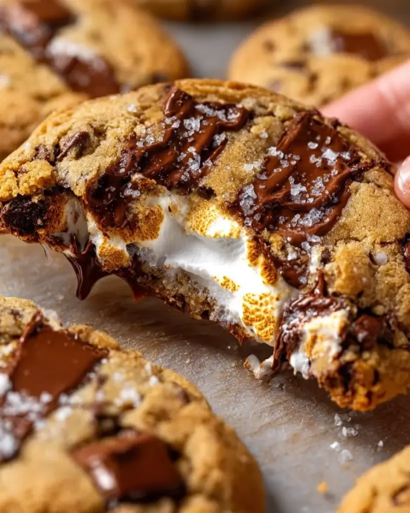 Plate of gooey s'mores cookies with chocolate and marshmallows