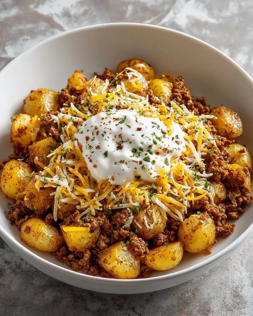 Delicious ground beef and potatoes casserole served in a rustic dish
