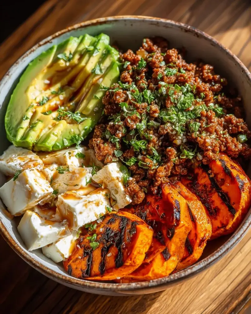 Ground Beef Hot Honey Bowl with vibrant vegetables and honey drizzle