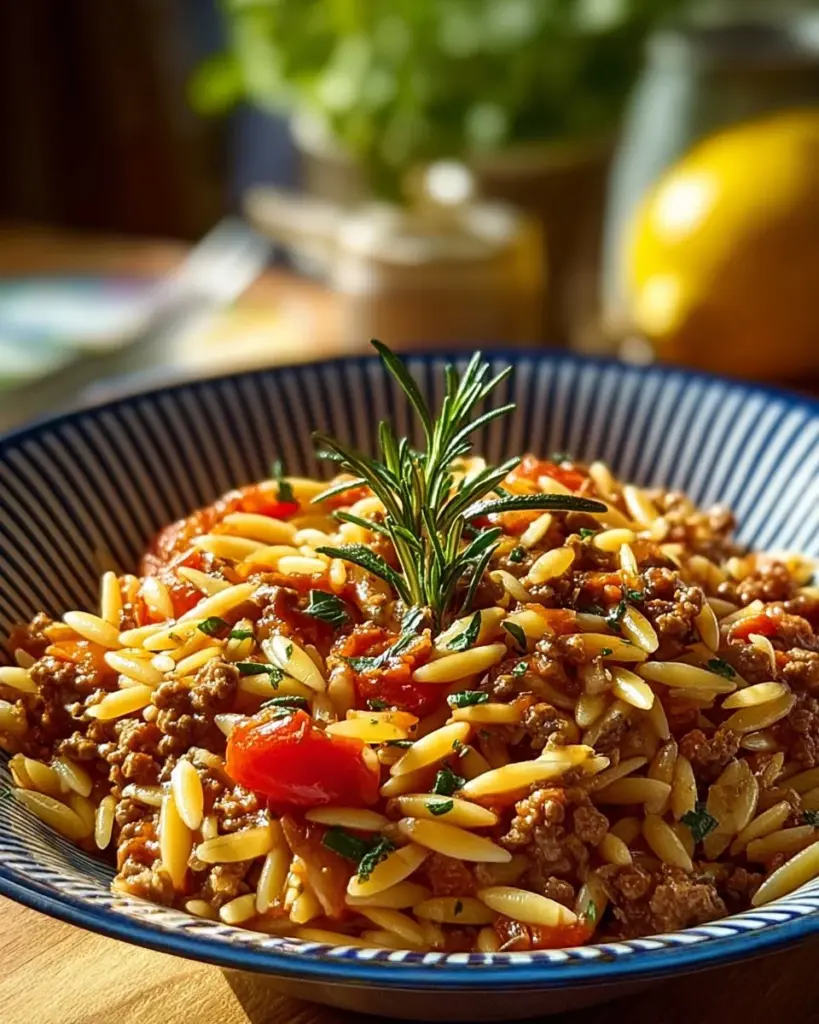 Delicious ground beef orzo dish topped with fresh parsley and cheese.