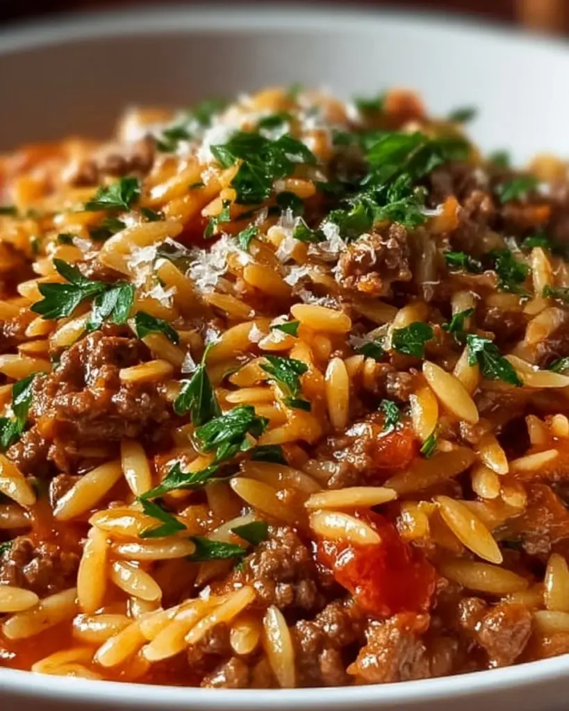 Ground Beef Orzo with Tomato Cream Sauce in a bowl, garnished with fresh herbs