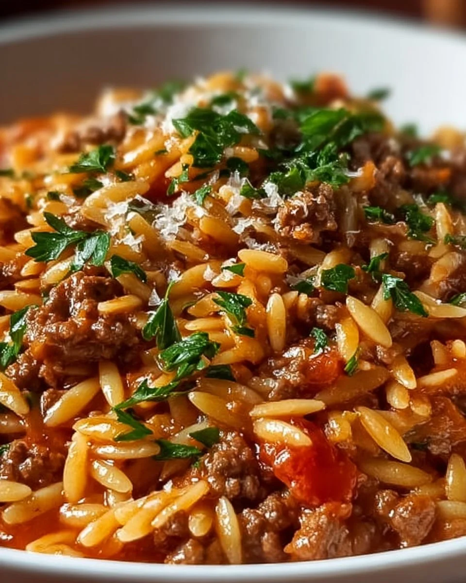 Ground Beef Orzo with Tomato Cream Sauce