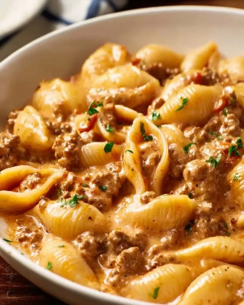 Delicious ground beef pasta dish with garnishes in a bowl